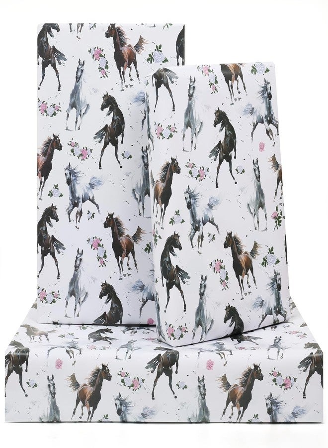AirCool Horse Wrapping Paper for Boys Girls Kids, 6 Sheets Galloping Horses and Floral White Wrap Paper, 20 x 28 inches Per Sheet Cowboy Gift Paper for Horse Racing Theme Party Birthday Wedding Baby Shower - Image 1
